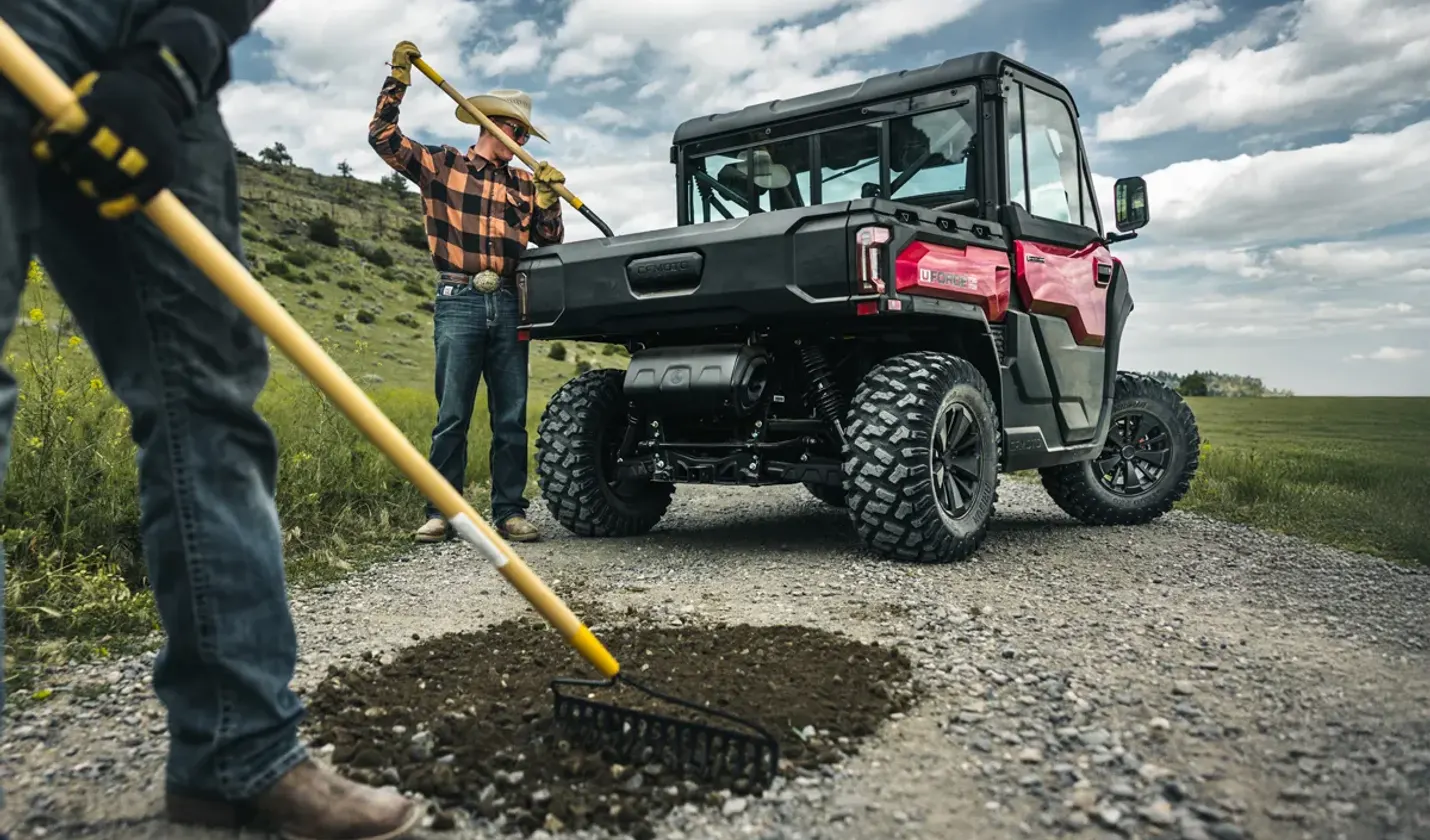 CFMOTO UFORCE crew patching a gravel road