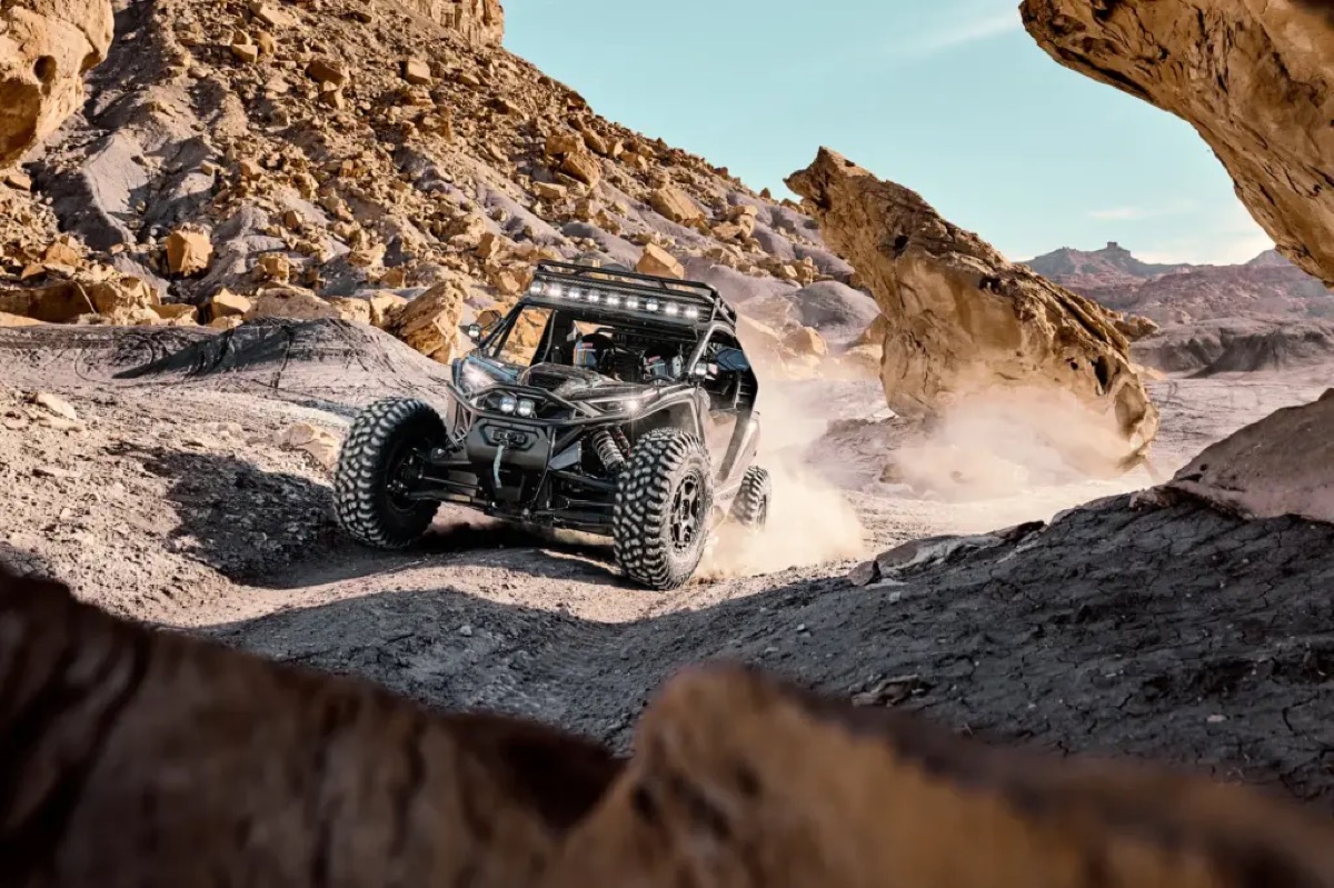 CFMOTO ZFORCE sport side-by-side on a rocky desert canyon trail