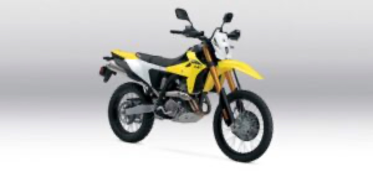 Suzuki DR-Z dual-sport motorcycle in yellow, studio side profile