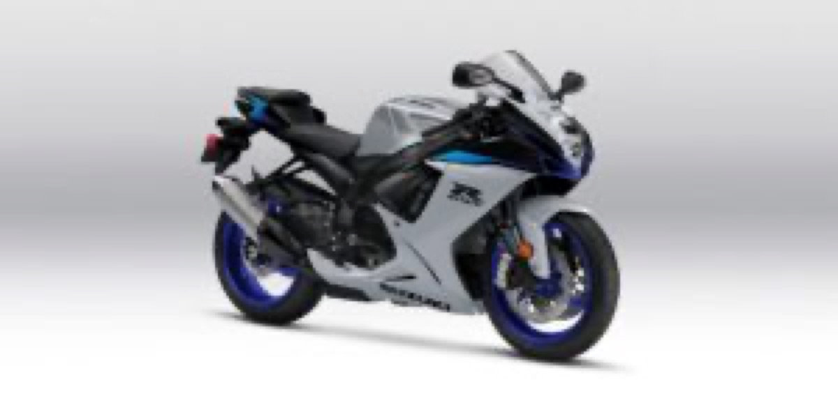 Suzuki GSX-R sport bike in blue and white, studio side profile
